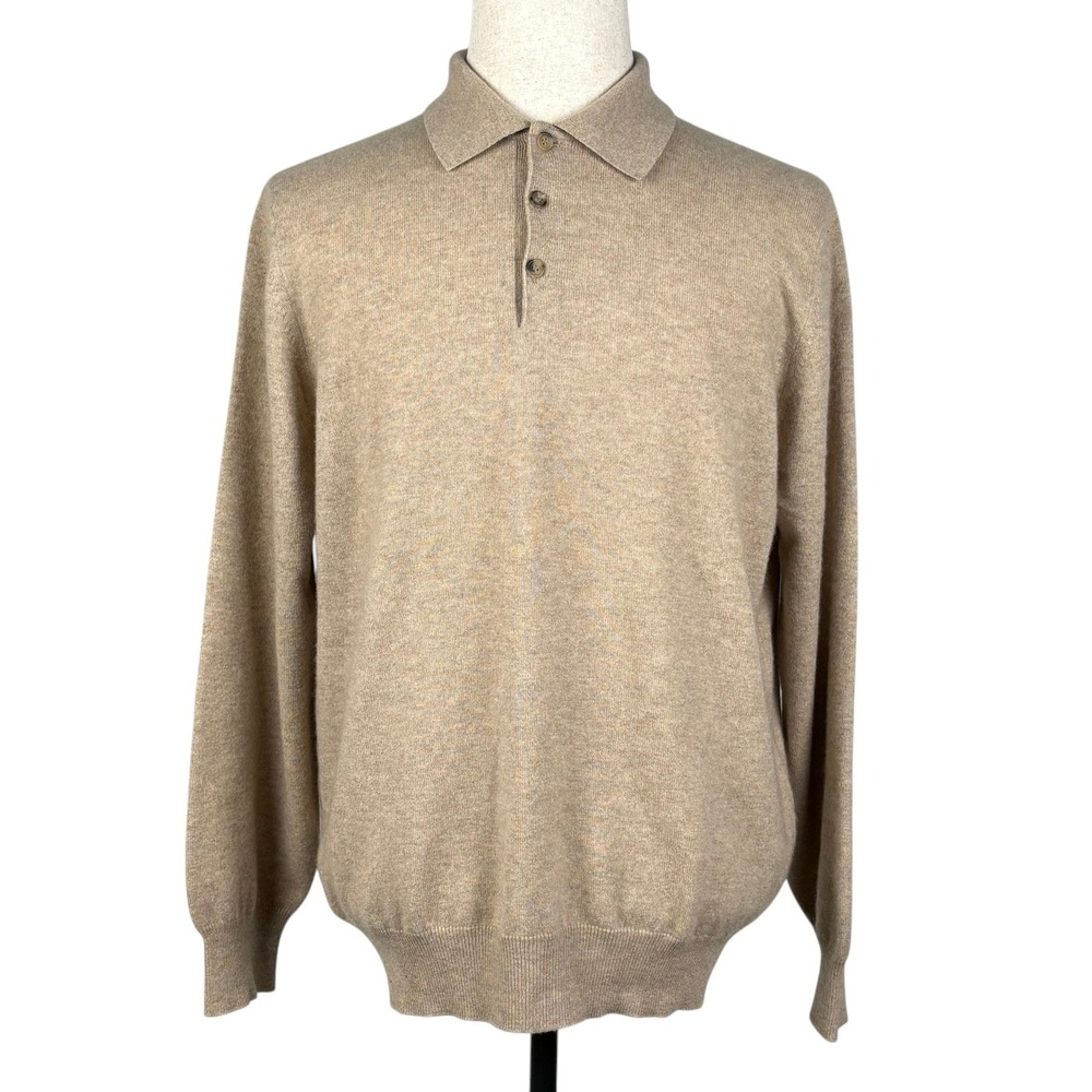 Brunello Cucinelli 100% Cashmere Polo Sweater Mens XL 54IT 44US Beige Italy
